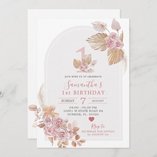 Minimale uitnodiging voor Boho Pink Arch 1e verjaa (Voorkant / Achterkant)