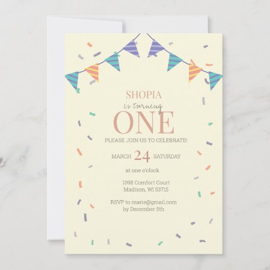 Minimale uitnodiging voor Confetti 1ste verjaardag (Voorkant)