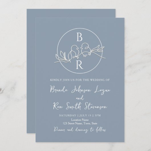 Minimale uitnodiging voor een blauwe bruiloft (Voorkant / Achterkant)
