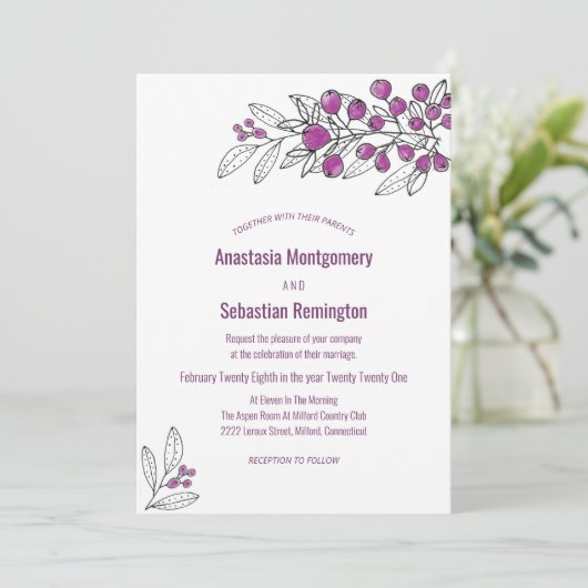 Minimale uitnodiging voor een Paarse bruinbruiloft (Staand voorkant)