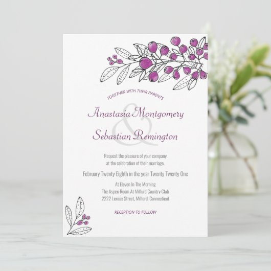 Minimale uitnodiging voor een Paarse bruinbruiloft (Staand voorkant)