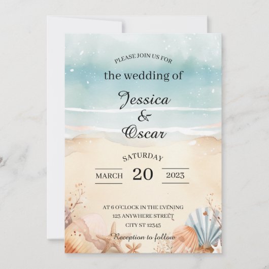 Minimale uitnodiging voor een strand Ocean Wedding (Voorkant)