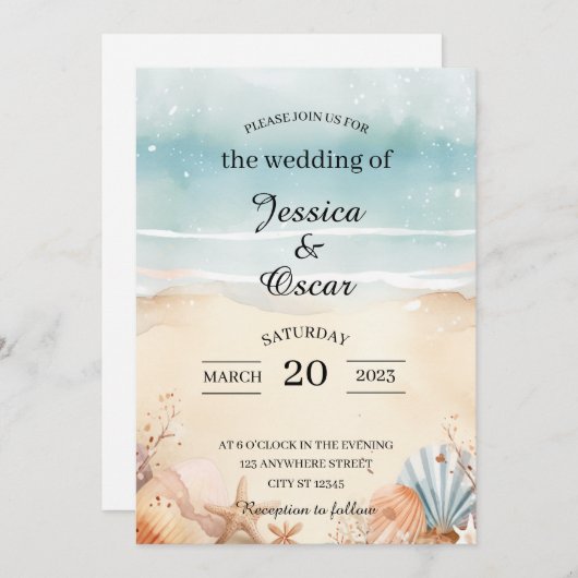 Minimale uitnodiging voor een strand Ocean Wedding (Voorkant / Achterkant)