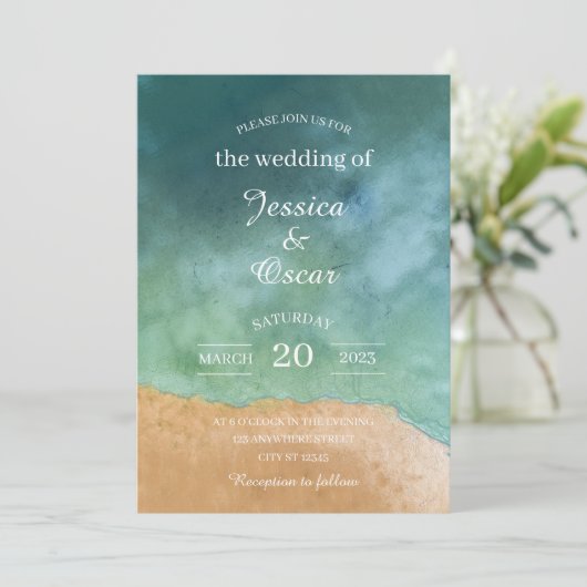 Minimale uitnodiging voor een strand Ocean Wedding (Staand voorkant)