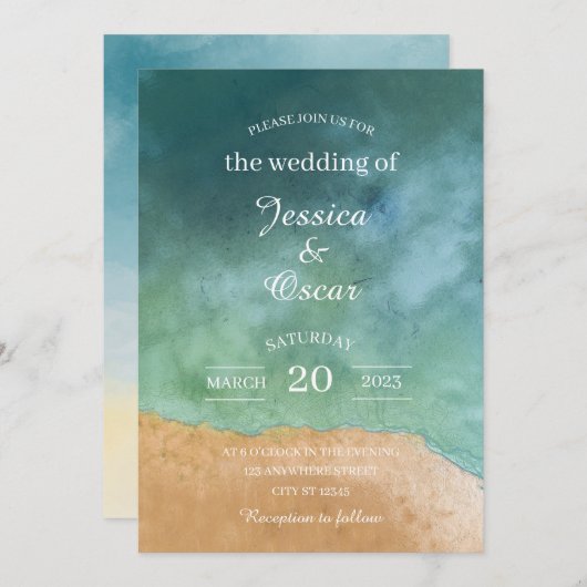 Minimale uitnodiging voor een strand Ocean Wedding (Voorkant / Achterkant)