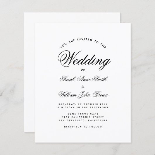 Minimale uitnodiging voor een zwarte en witte brui (Voorkant / Achterkant)