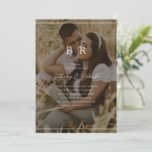 Minimale uitnodiging voor foto-Monogram bruiloft (Staand voorkant)