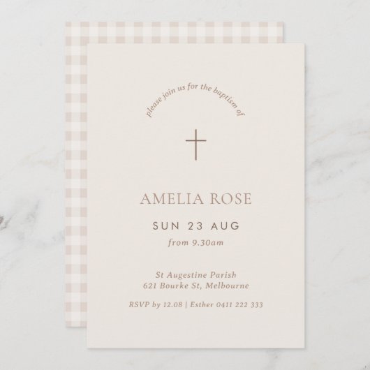 Minimale uitnodiging voor Gingham Baptism Christen (Voorkant / Achterkant)