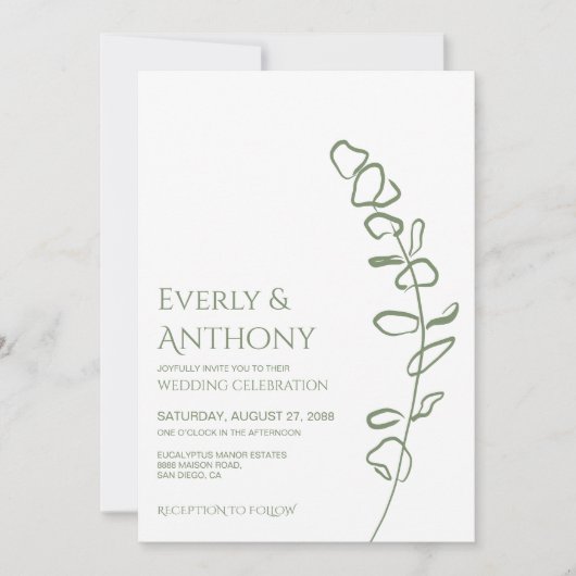 Minimale uitnodiging voor groene eucalyptus-bruilo (Voorkant)