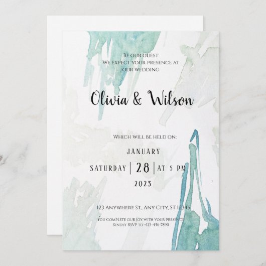 Minimale uitnodiging voor groene Waterverf bruilof (Voorkant / Achterkant)