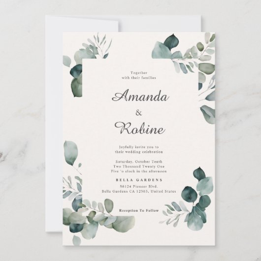 Minimale uitnodiging voor het huwelijk met eucalyp (Voorkant)