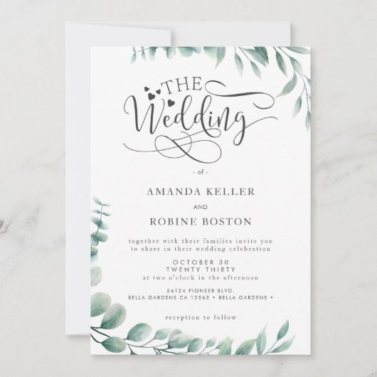 Minimale uitnodiging voor het huwelijk met eucalyp (Voorkant)