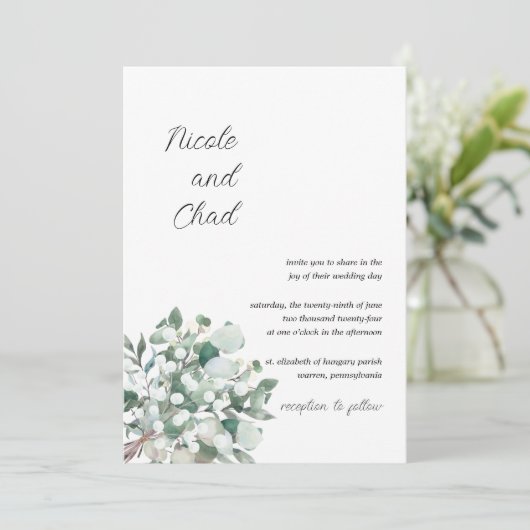 Minimale uitnodiging voor het huwelijk met eucalyp (Staand voorkant)