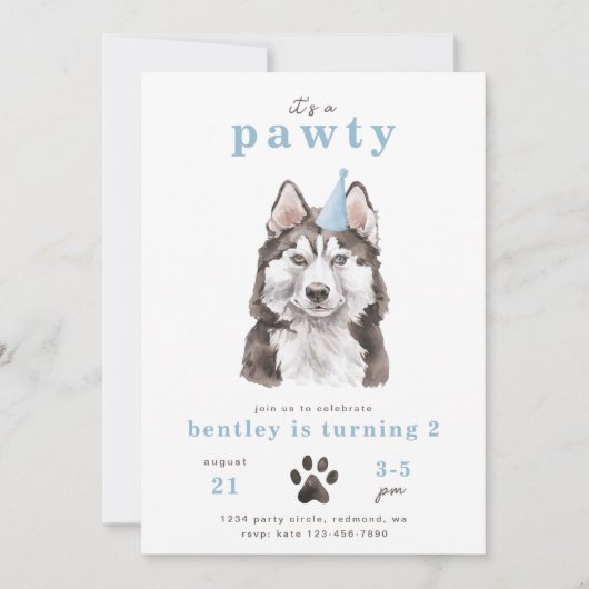 Minimale uitnodiging voor Husky Dog | Pawty (Voorkant)