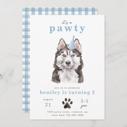 Minimale uitnodiging voor Husky Dog | Pawty (Voorkant / Achterkant)