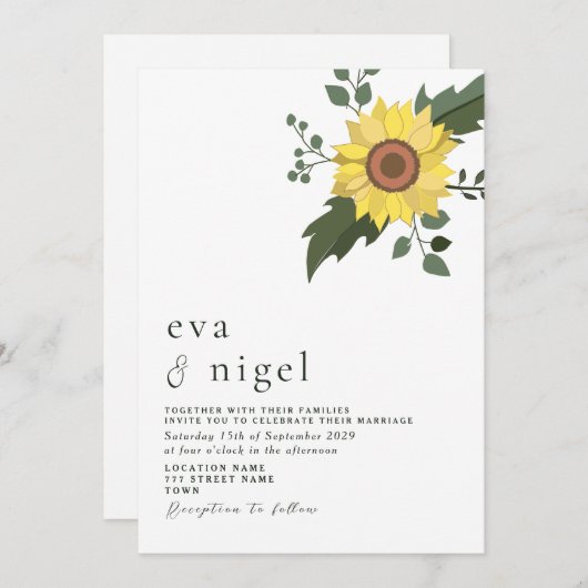 Minimale uitnodiging voor moderne zonnebloempjes (Voorkant / Achterkant)