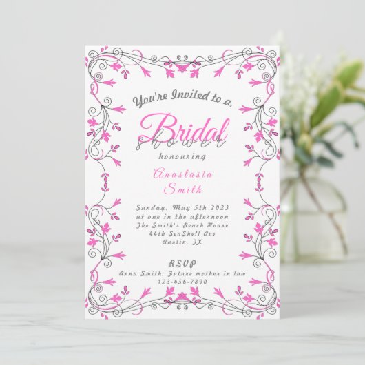 Minimale uitnodiging voor roze en grijze bridal (Staand voorkant)