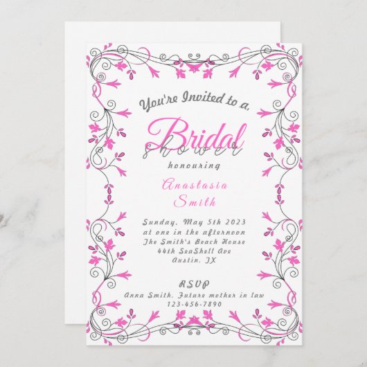 Minimale uitnodiging voor roze en grijze bridal (Voorkant / Achterkant)