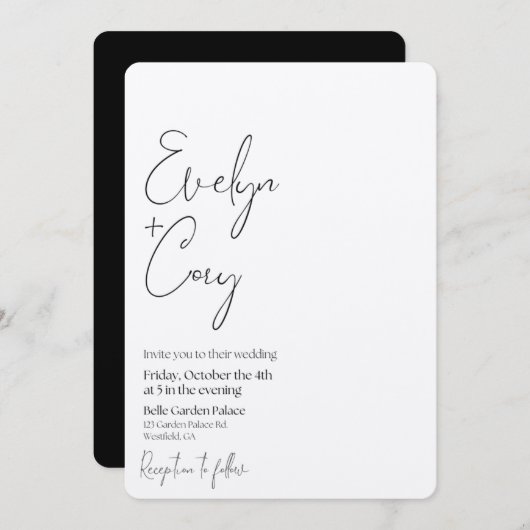 Minimale uitnodiging voor zwart-witbruiloft (Voorkant / Achterkant)