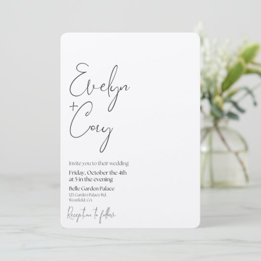 Minimale uitnodiging voor zwart-witbruiloft (Staand voorkant)