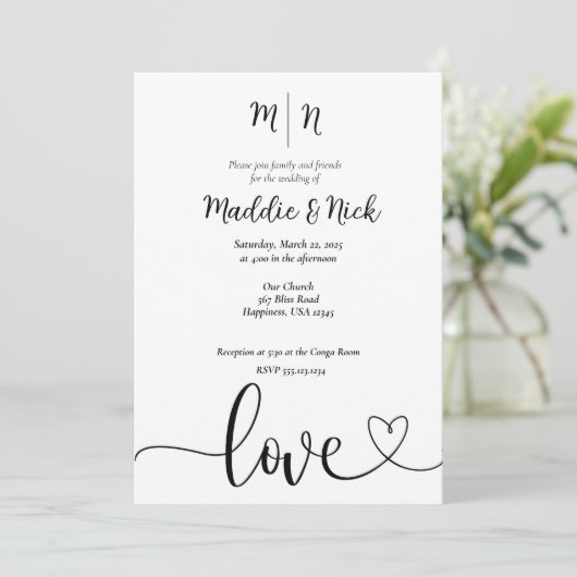 Minimale uitnodiging voor zwart-witbruiloft (Staand voorkant)