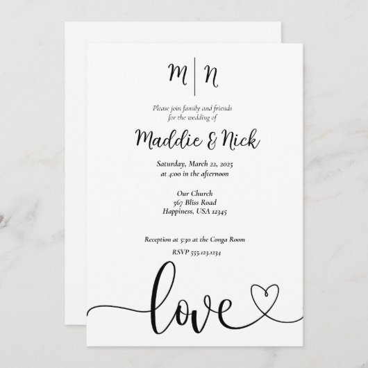 Minimale uitnodiging voor zwart-witbruiloft (Voorkant / Achterkant)