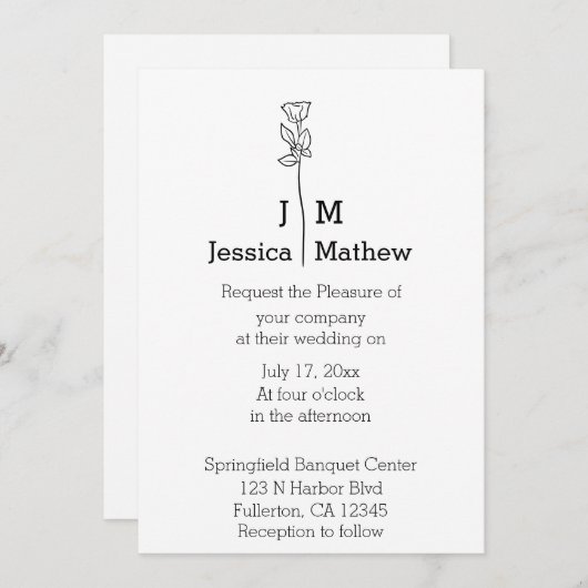 Minimale uitnodiging voor zwart-witbruiloft (Voorkant / Achterkant)