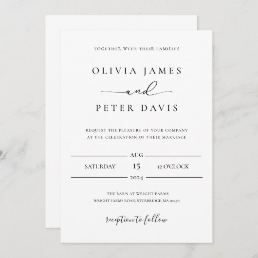 Minimale uitnodiging voor zwart-witbruiloft (Voorkant / Achterkant)