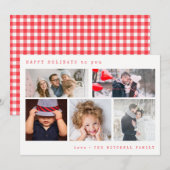 Minimale vakantiefotocollage | Rode gingham Feestdagenkaart (Voorkant / Achterkant)