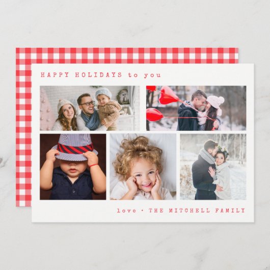 Minimale vakantiefotocollage | Rode gingham Feestdagenkaart (Voorkant / Achterkant)