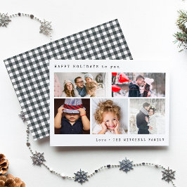 Minimale vakantiefotocollage | Zwarte Gingham Feestdagenkaart