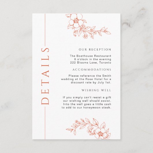 Minimale verbrande Sinaasappels Bloemen Trouwdetai Informatiekaartje (Voorkant)