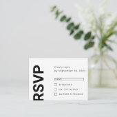 Minimale vetgedrukte letters eenvoudige witte RSVP Informatiekaartje (Staand voorkant)