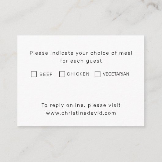 Minimale vetgedrukte letters eenvoudige witte RSVP Informatiekaartje (Achterkant)