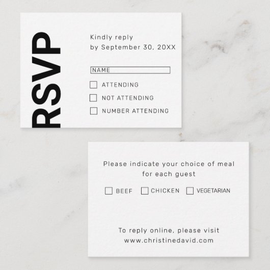 Minimale vetgedrukte letters eenvoudige witte RSVP Informatiekaartje (Voorkant / Achterkant)