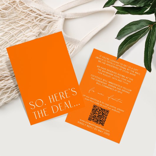 Minimale Vibrant Oranje Details Kaart & RSVP QR Co
