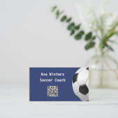 Minimale Voetbal Blauwe QR Code Voetbalcoach Visitekaartje (Staand voorkant)