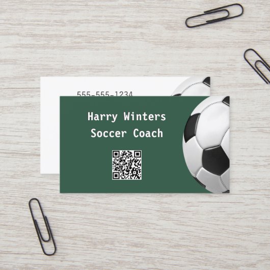 Minimale voetbal groene QR-code voetbalcoach Visitekaartje (Voorkant / Achterkant in situ)