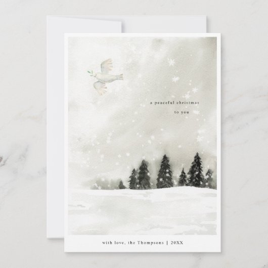 Minimale vreedzame kerstbesneeuwde pijnbomen feestdagenkaart (Voorkant)