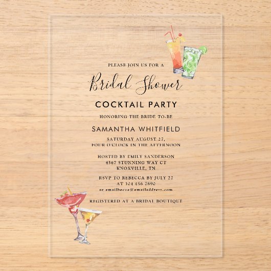 Minimale Vrijgezellenfeest Cocktail Party Acryl Uitnodigingen (Voorkant)