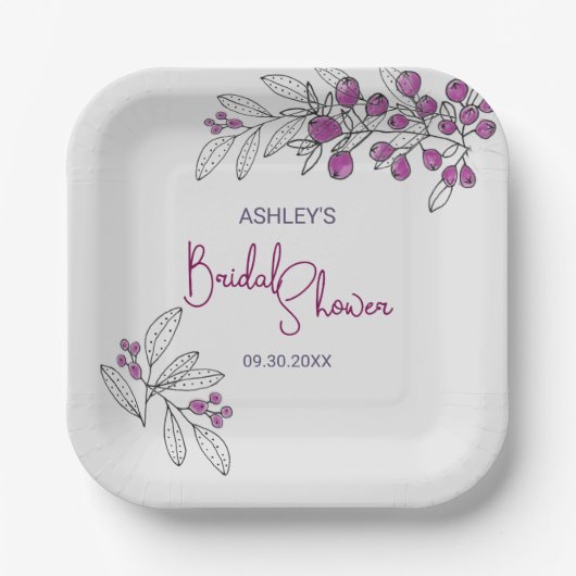 Minimale Vrijgezellenfeest Paarse bessen bladeren Papieren Bordje (Voorkant)