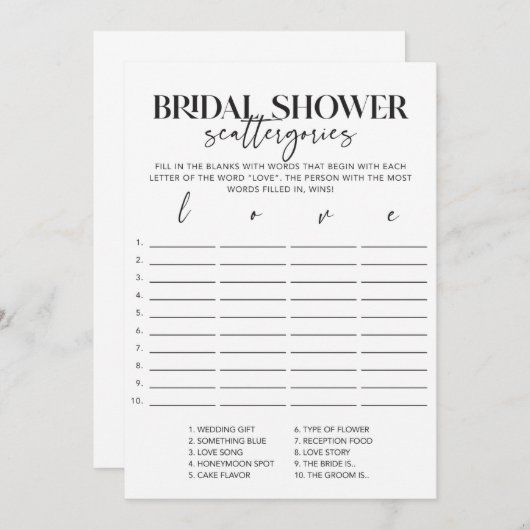 Minimale Vrijgezellenfeest scattergories (Voorkant / Achterkant)