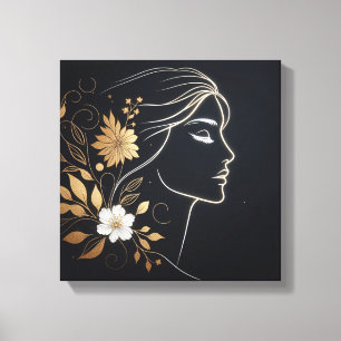 Minimale vrouwelijke lijnkunst met gouden bloemen canvas afdruk