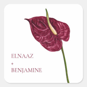 Minimale Waterverf Anthurium Bloemige Trouwdag Vierkante Sticker