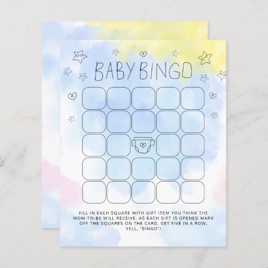 Minimale Waterverf Blue Bingo Baby shower Game (Voorkant / Achterkant)