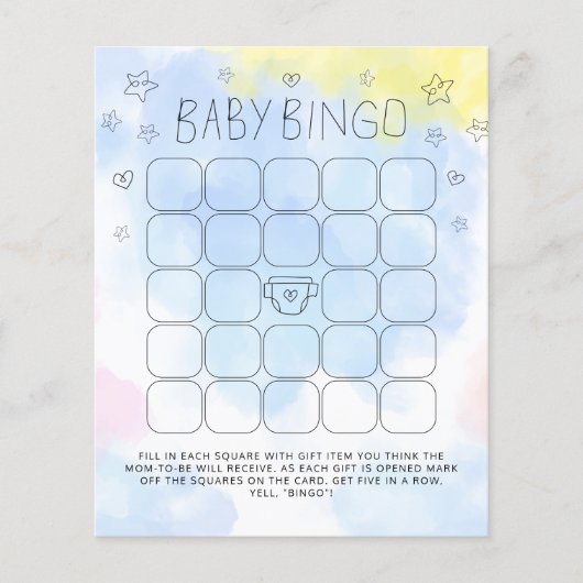 Minimale Waterverf Blue Bingo Baby shower Game (Voorkant)