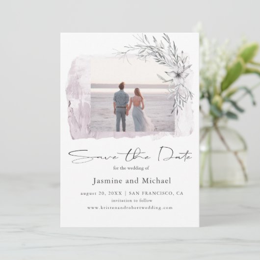 Minimale waterverf Blush Photo Save the Date (Staand voorkant)