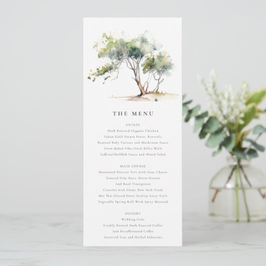Minimale Waterverf Botanische Boom Wedding Menu Kaart (Staand voorkant)