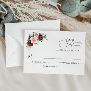 Minimale Waterverf Burgundy Blush Flowers Wedding RSVP Kaartje