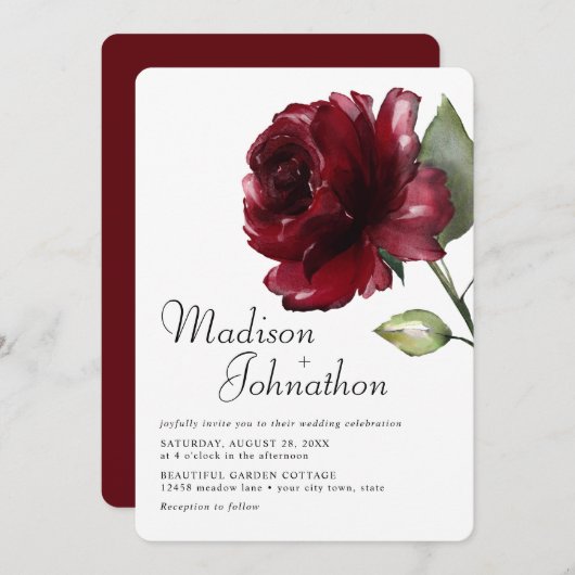 Minimale Waterverf Burgundy Deep Red Rose Wedding Kaart (Voorkant / Achterkant)